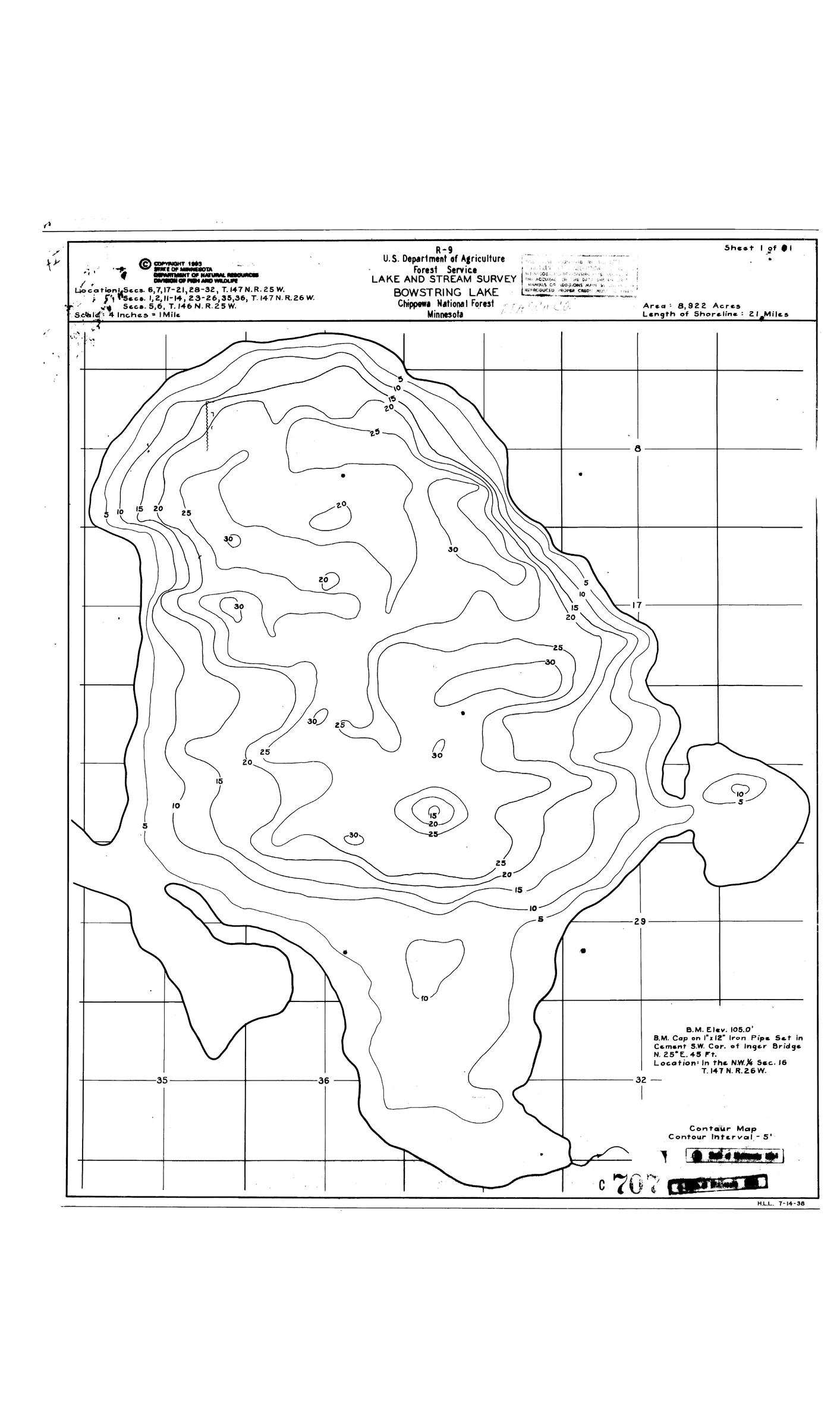 Bowstring Lake Fishing Guide Minnesota DNR contour map of Bowstring Lake